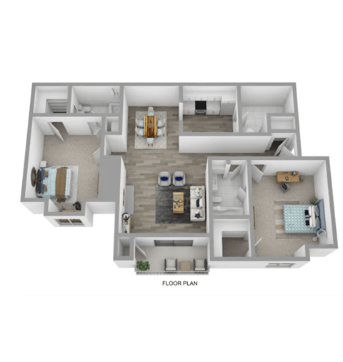 Floor plan for 2 beds, 2 baths, 1070 sqft
